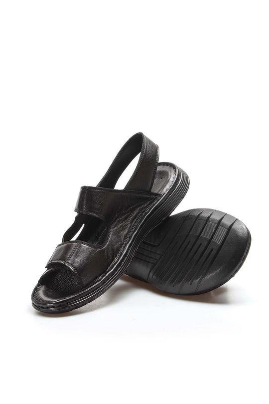Men's Black Leather Velcro Strap Sandals with Cushioned Sole - Wessi
