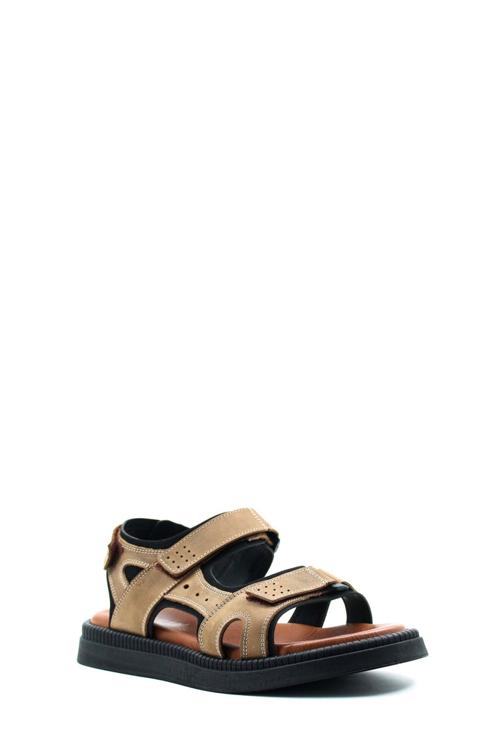 Men's Beige Leather Sandals with Adjustable Straps and Cushioned Footbed - Wessi