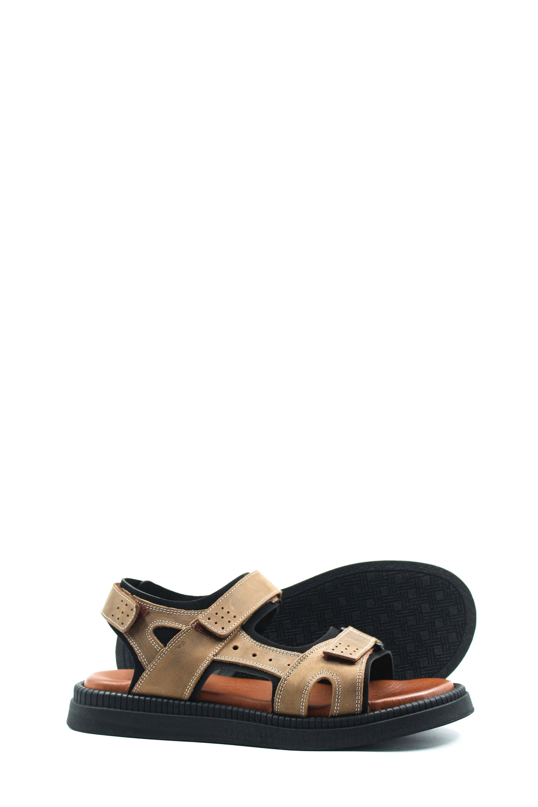 Men's Beige Leather Sandals with Adjustable Straps and Cushioned Footbed - Wessi