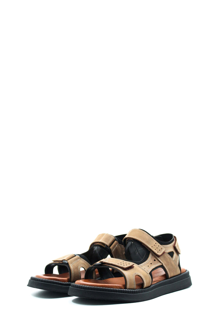 Men's Beige Leather Sandals with Adjustable Straps and Cushioned Footbed - Wessi