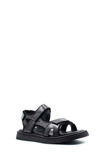 Men's Black Leather Open-Toe Sandals with Adjustable Straps and Cushioned Sole - Wessi