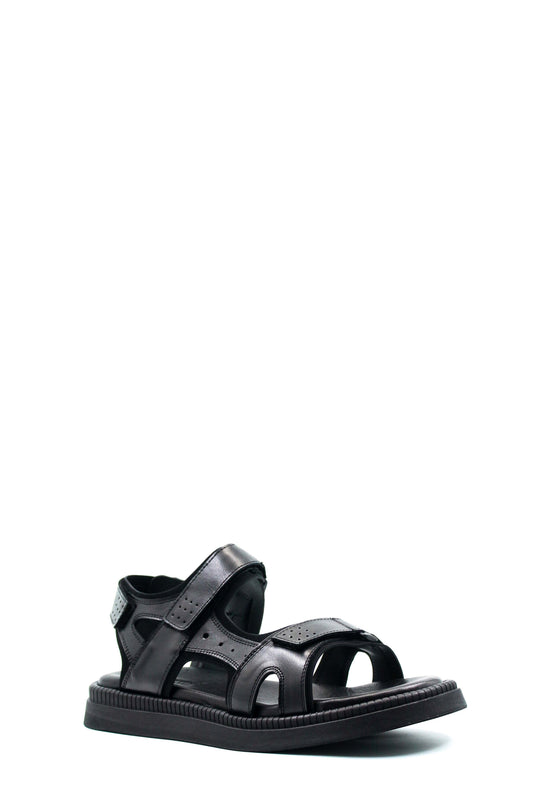 Men's Black Leather Open-Toe Sandals with Adjustable Straps and Cushioned Sole - Wessi