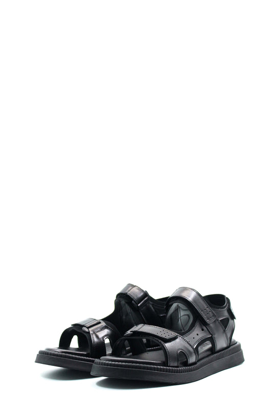 Men's Black Leather Open-Toe Sandals with Adjustable Straps and Cushioned Sole - Wessi