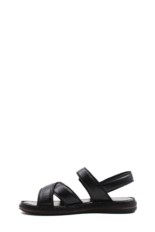Men's Black Leather Sandals with Adjustable Straps and Contrast Detail - Wessi