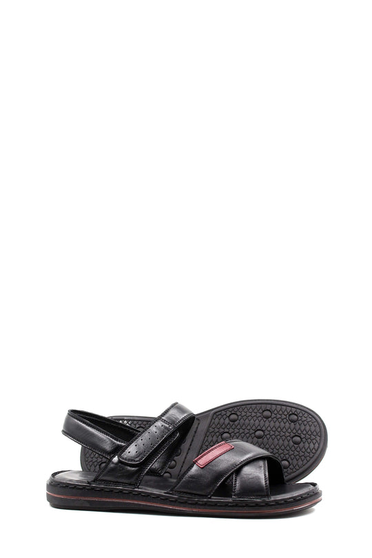 Men's Black Leather Sandals with Adjustable Straps and Contrast Detail - Wessi