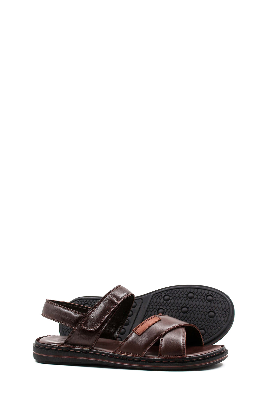 Men's Brown Leather Sandals with Cross Straps and Cushioned Footbed - Wessi