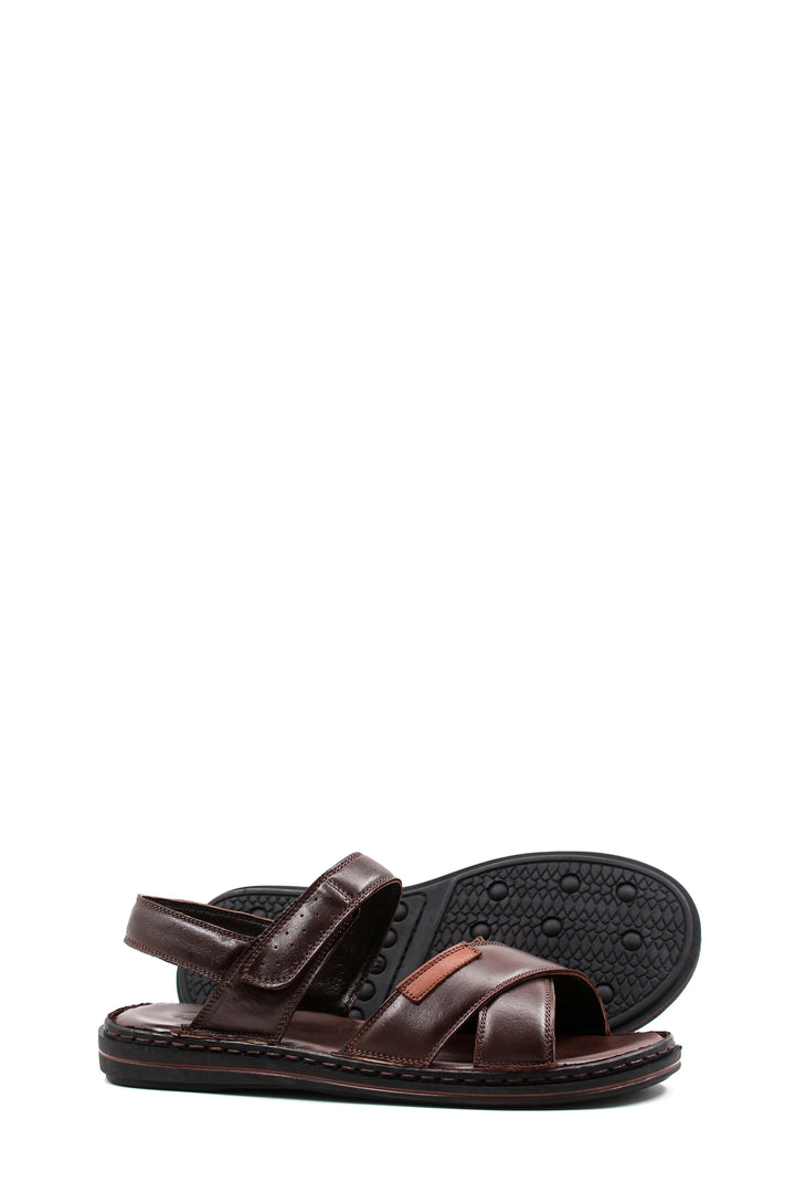 Men's Brown Leather Sandals with Cross Straps and Cushioned Footbed - Wessi