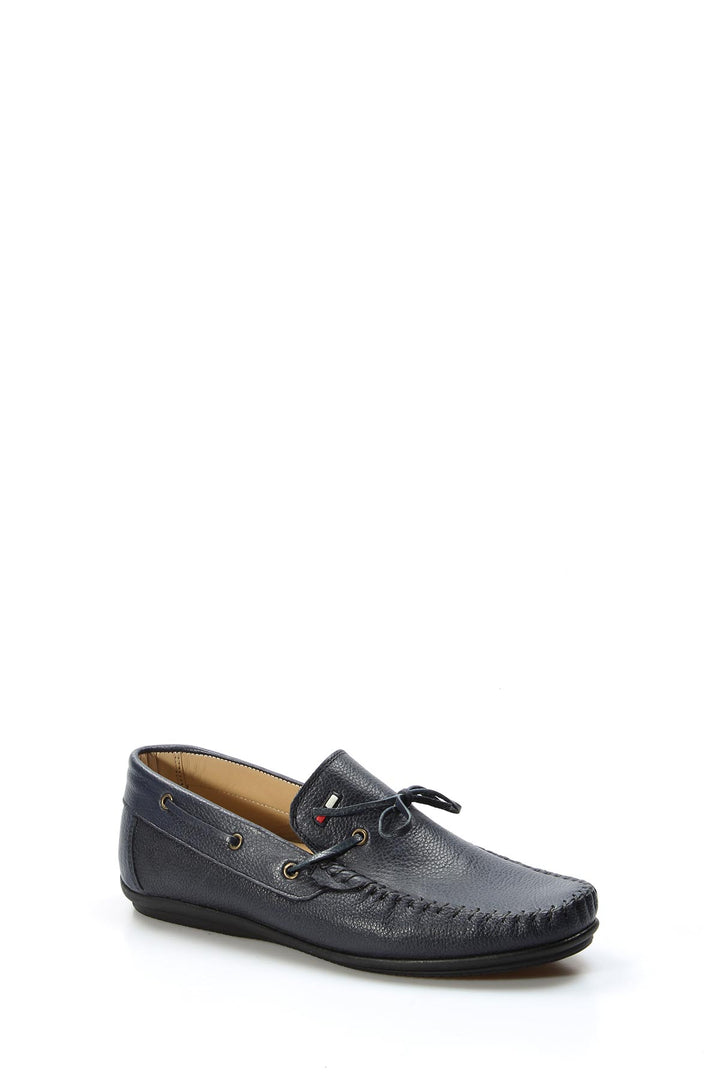 Men's Navy Leather Slip-On Loafers with Lace Detail - Wessi