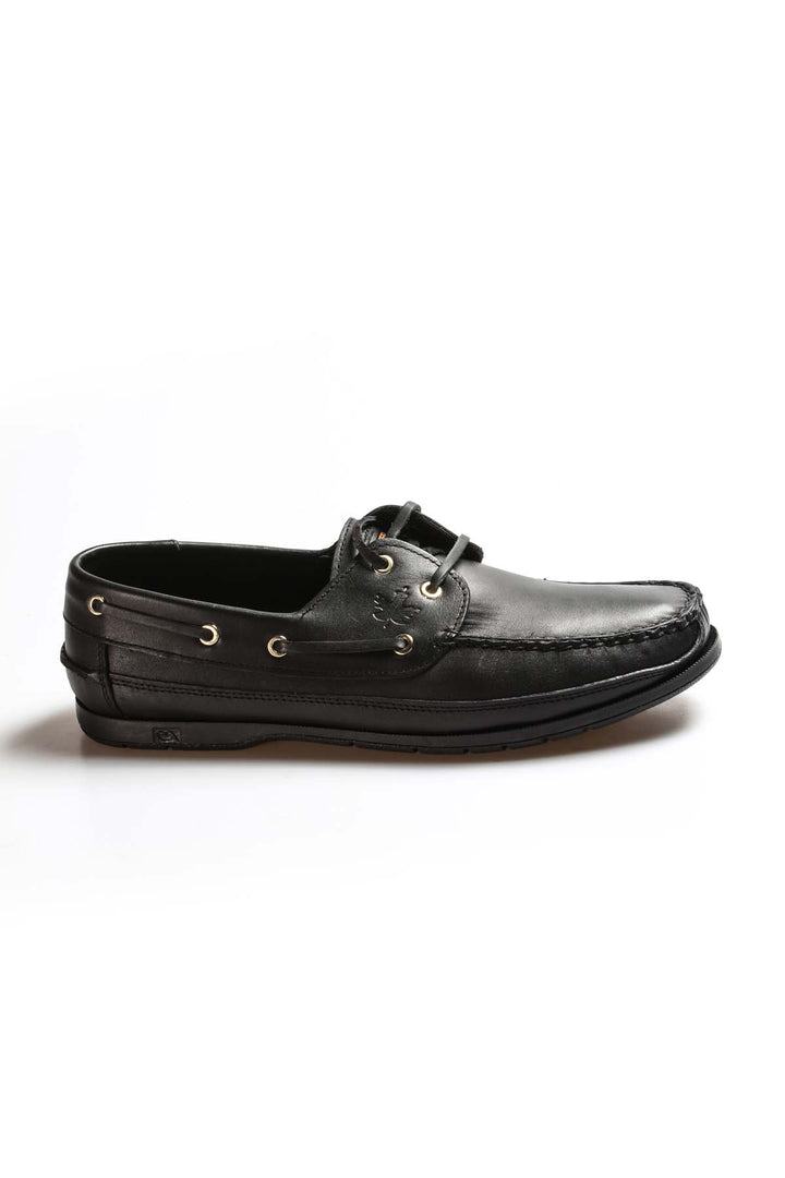 Men's Black Leather Boat Shoes with Lace-Up Detail - Wessi