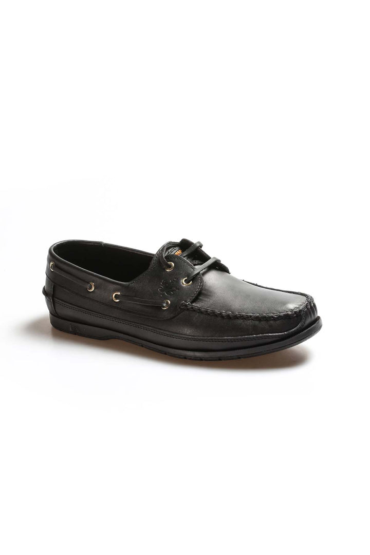 Men's Black Leather Boat Shoes with Lace-Up Detail - Wessi