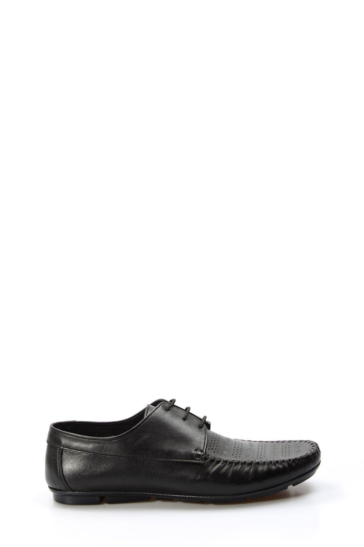 Men's Black Leather Lace-Up Loafers with Perforated Detail - Wessi