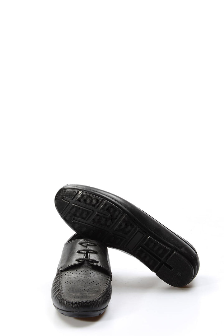 Men's Black Leather Lace-Up Loafers with Perforated Detail - Wessi
