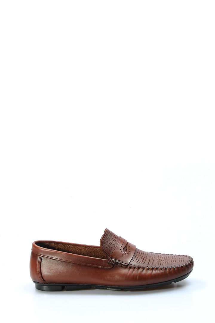 Men's Brown Leather Perforated Loafers with Moc Toe Detailing - Wessi