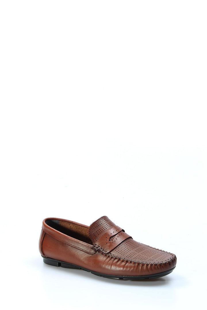 Men's Brown Leather Perforated Loafers with Moc Toe Detailing - Wessi
