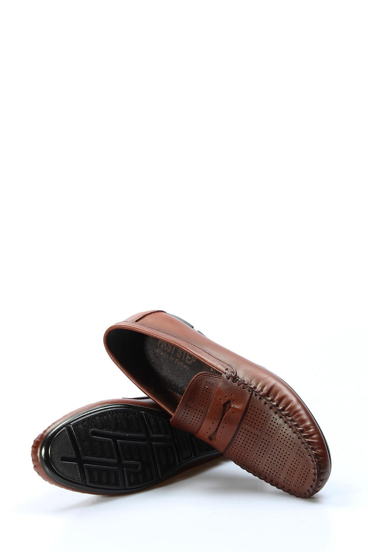 Men's Brown Leather Perforated Loafers with Moc Toe Detailing - Wessi