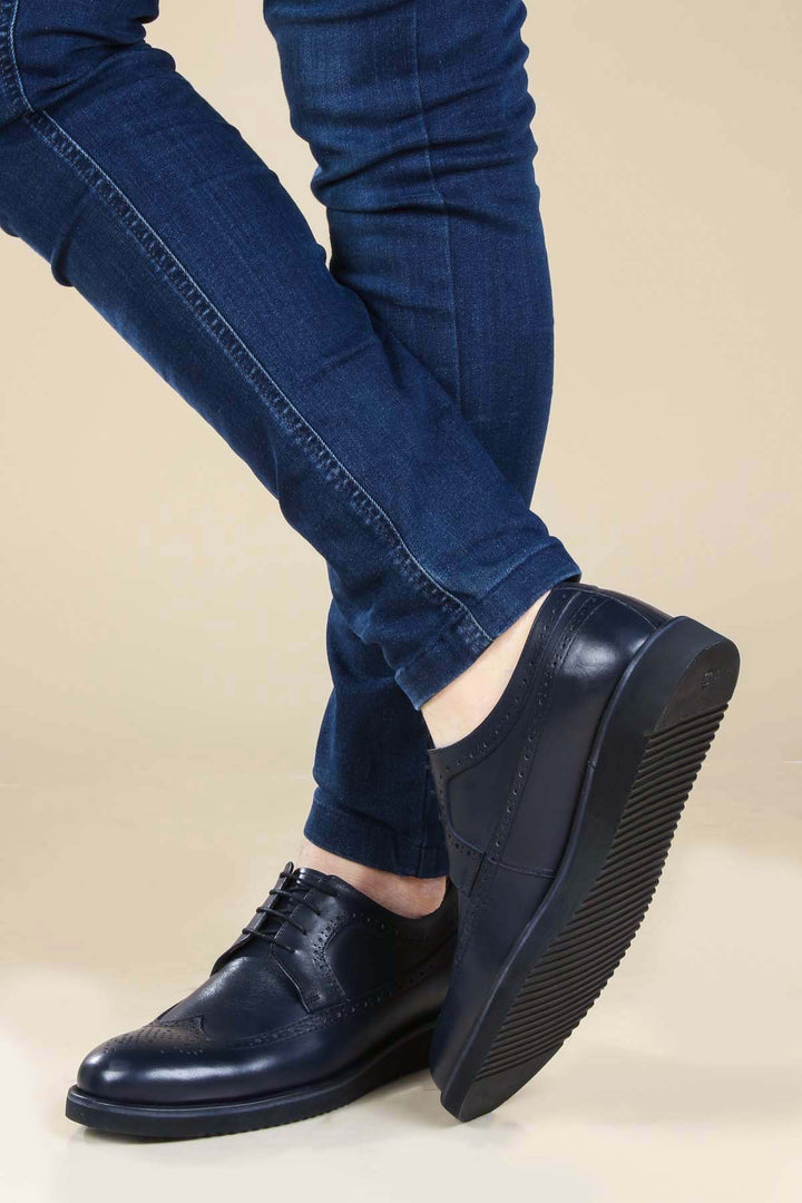 Men's Navy Leather Brogue Dress Shoes with Rubber Sole - Wessi