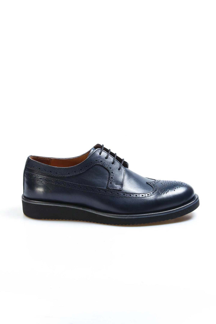 Men's Navy Leather Brogue Dress Shoes with Rubber Sole - Wessi