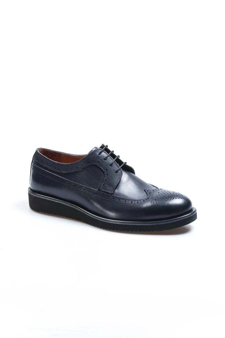 Men's Navy Leather Brogue Dress Shoes with Rubber Sole - Wessi