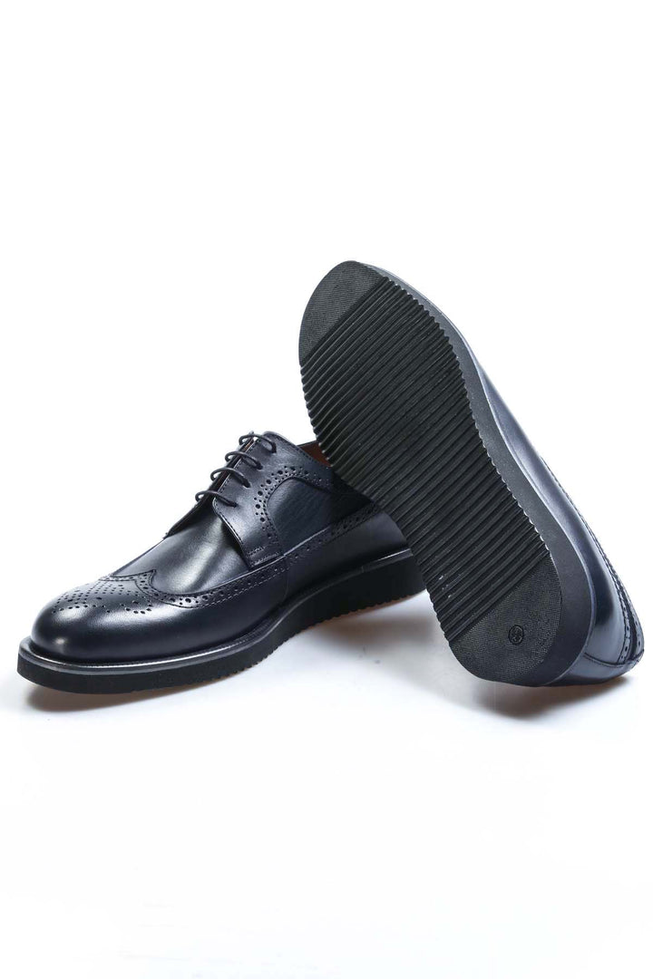 Men's Navy Leather Brogue Dress Shoes with Rubber Sole - Wessi