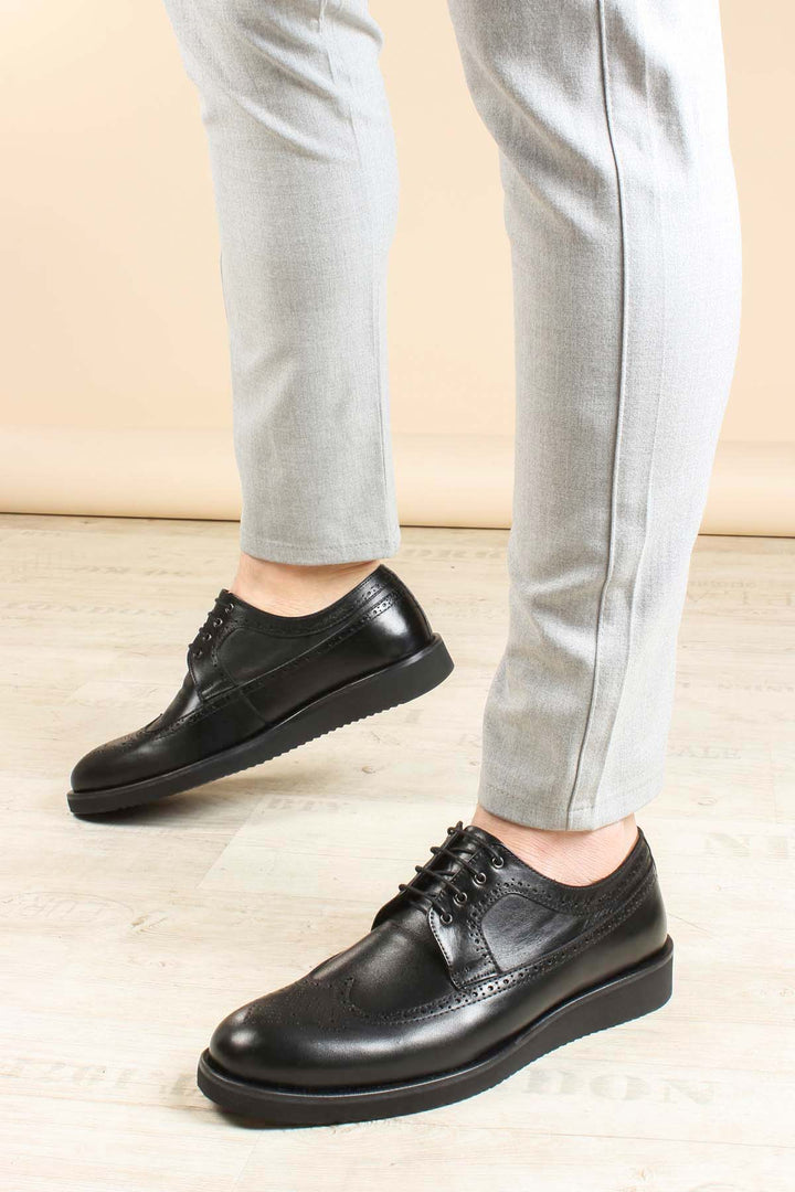 Men's Black Leather Brogue Derby Shoes with Cushioned Sole - Wessi