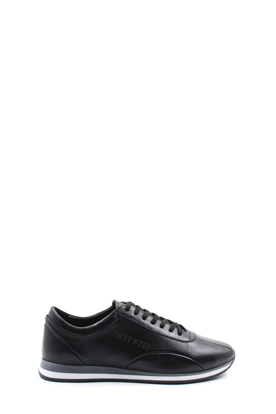 Men's Black Leather Low-Top Sneakers with Contrast Sole - Wessi