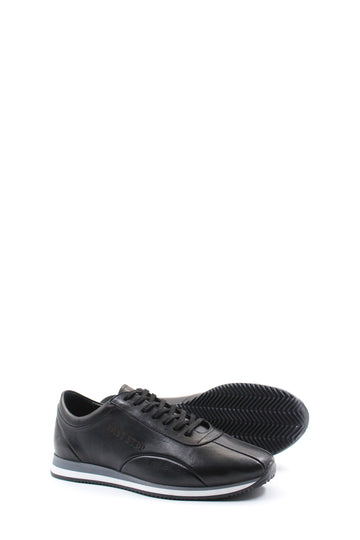 Men's Black Leather Low-Top Sneakers with Contrast Sole - Wessi