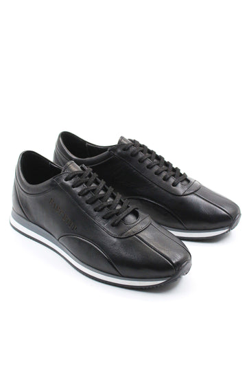 Men's Black Leather Low-Top Sneakers with Contrast Sole - Wessi