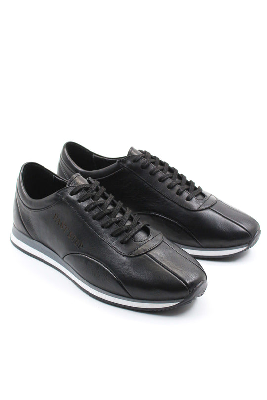 Men's Black Leather Low-Top Sneakers with Contrast Sole - Wessi