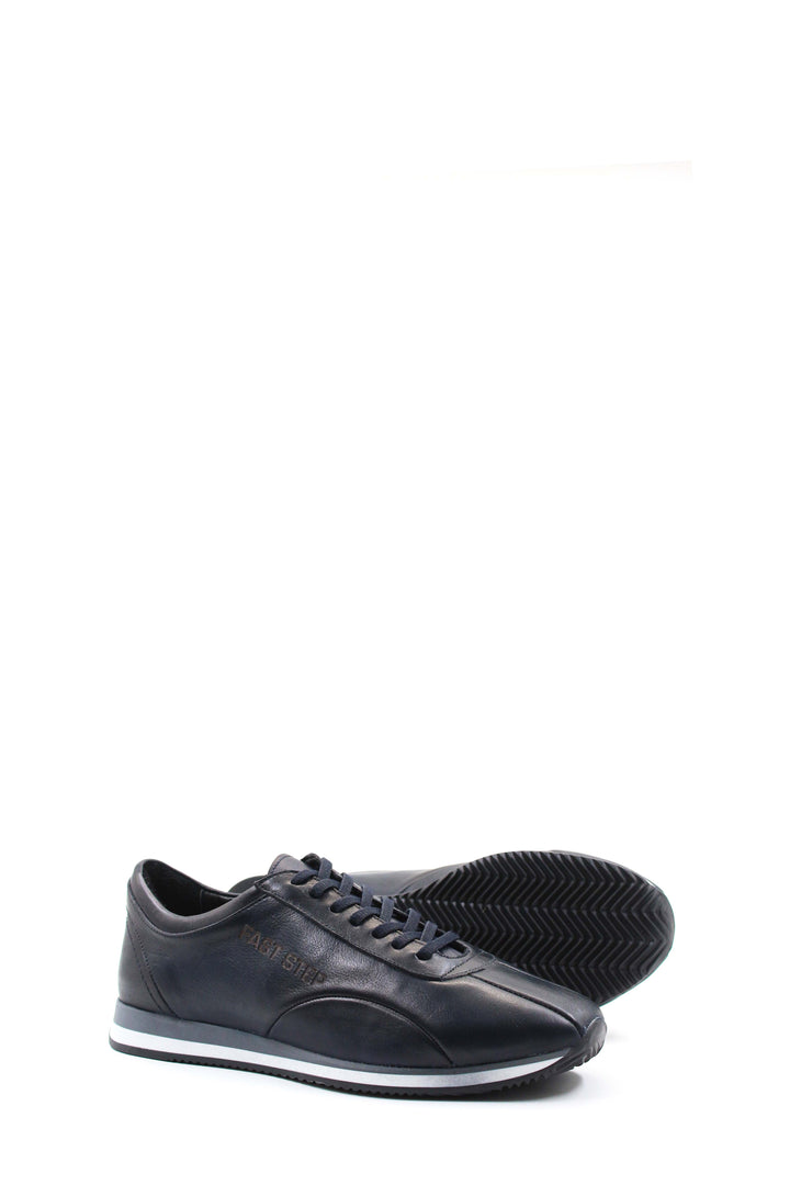 Men's Navy Blue Leather Running Shoes-Wessi