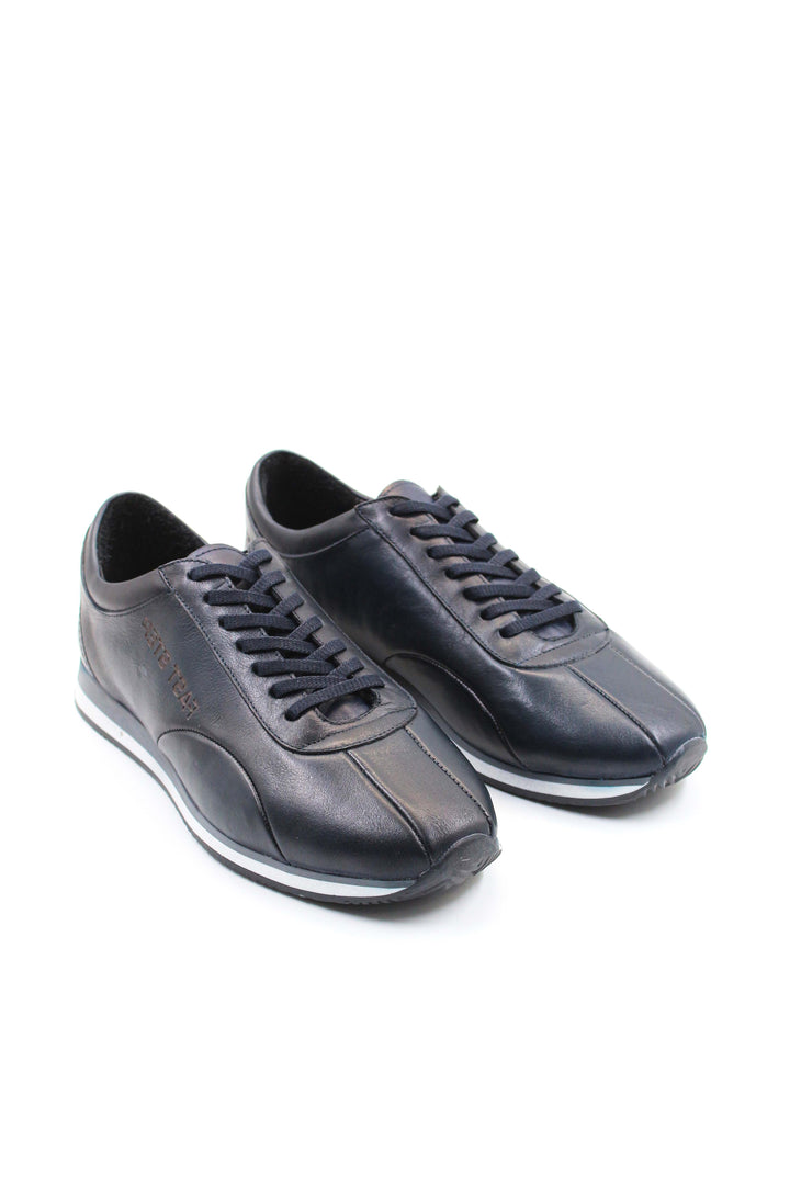 Men's Navy Blue Leather Running Shoes-Wessi