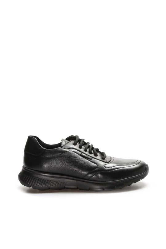 Men's Black Leather Lace-Up Sneakers with Textured Sole  - Wessi