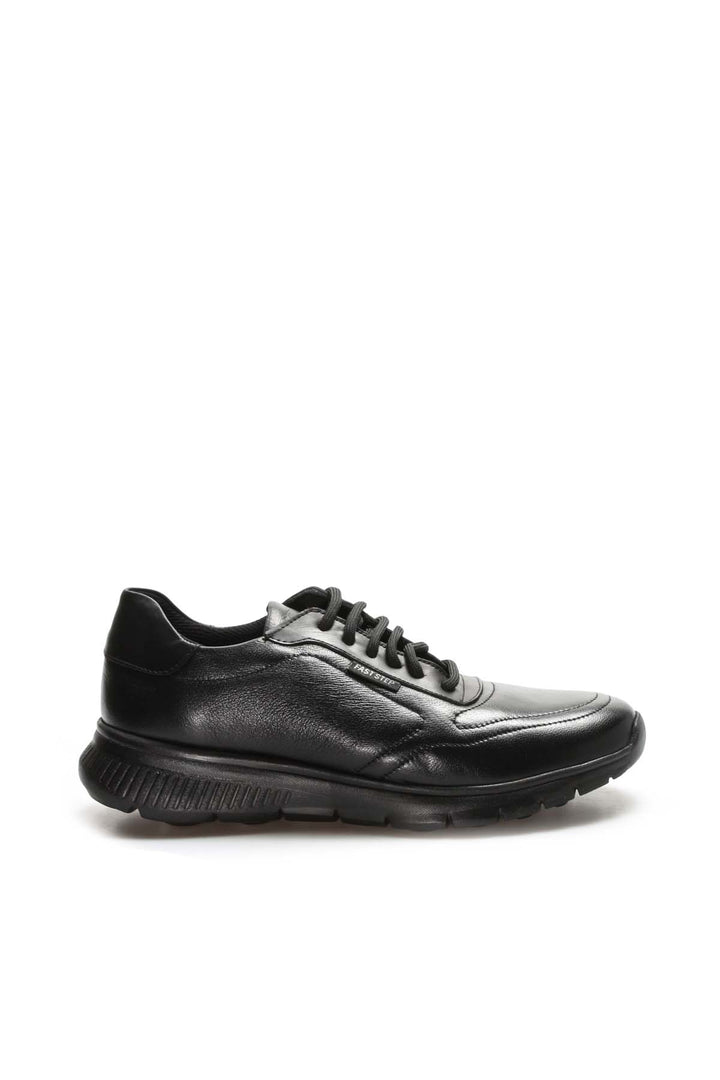 Men's Black Leather Lace-Up Sneakers with Textured Sole  - Wessi