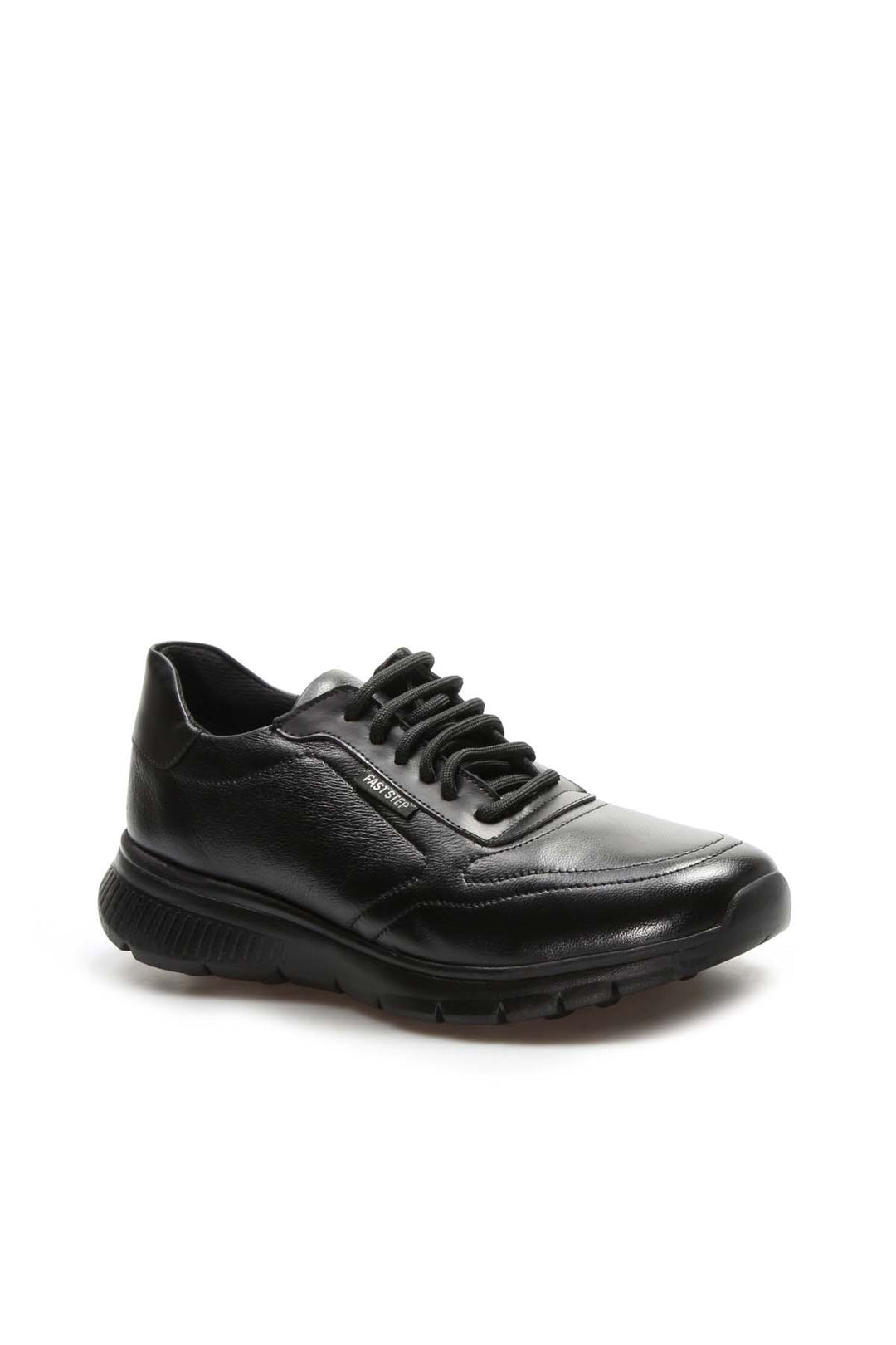 Men's Black Leather Lace-Up Sneakers with Textured Sole  - Wessi