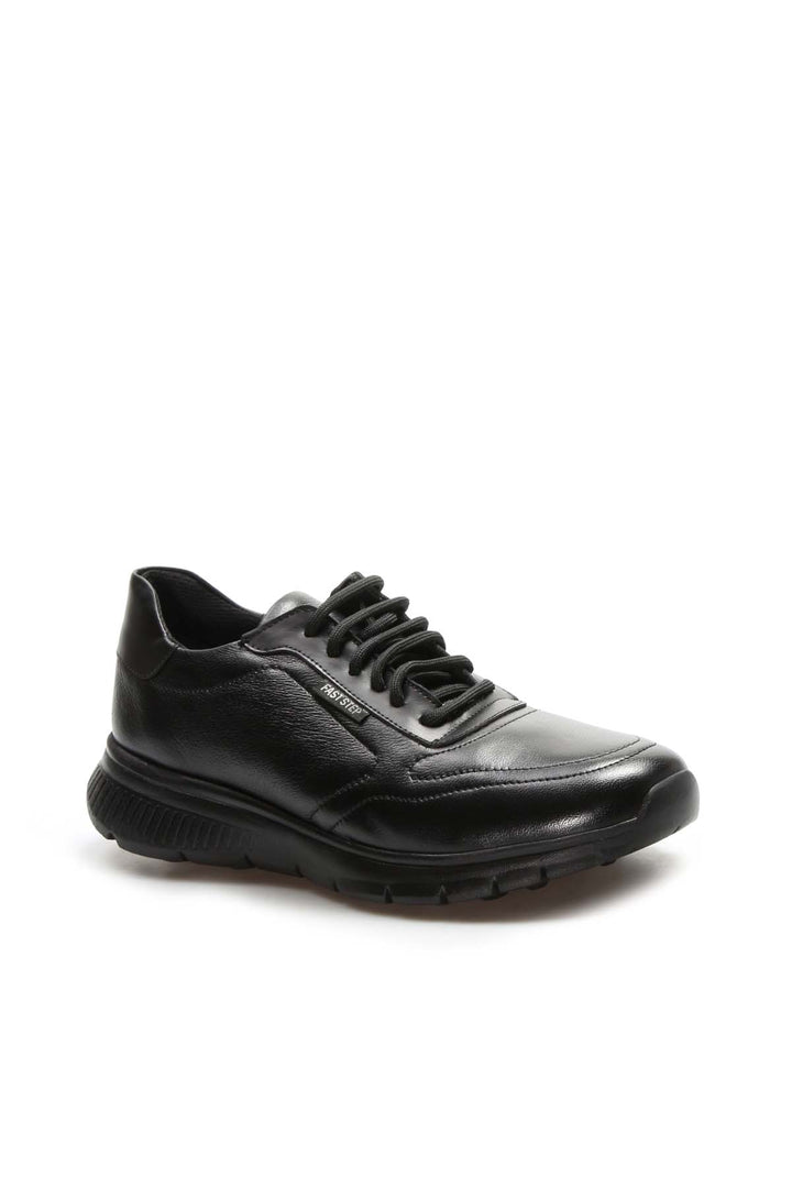 Men's Black Leather Lace-Up Sneakers with Textured Sole  - Wessi