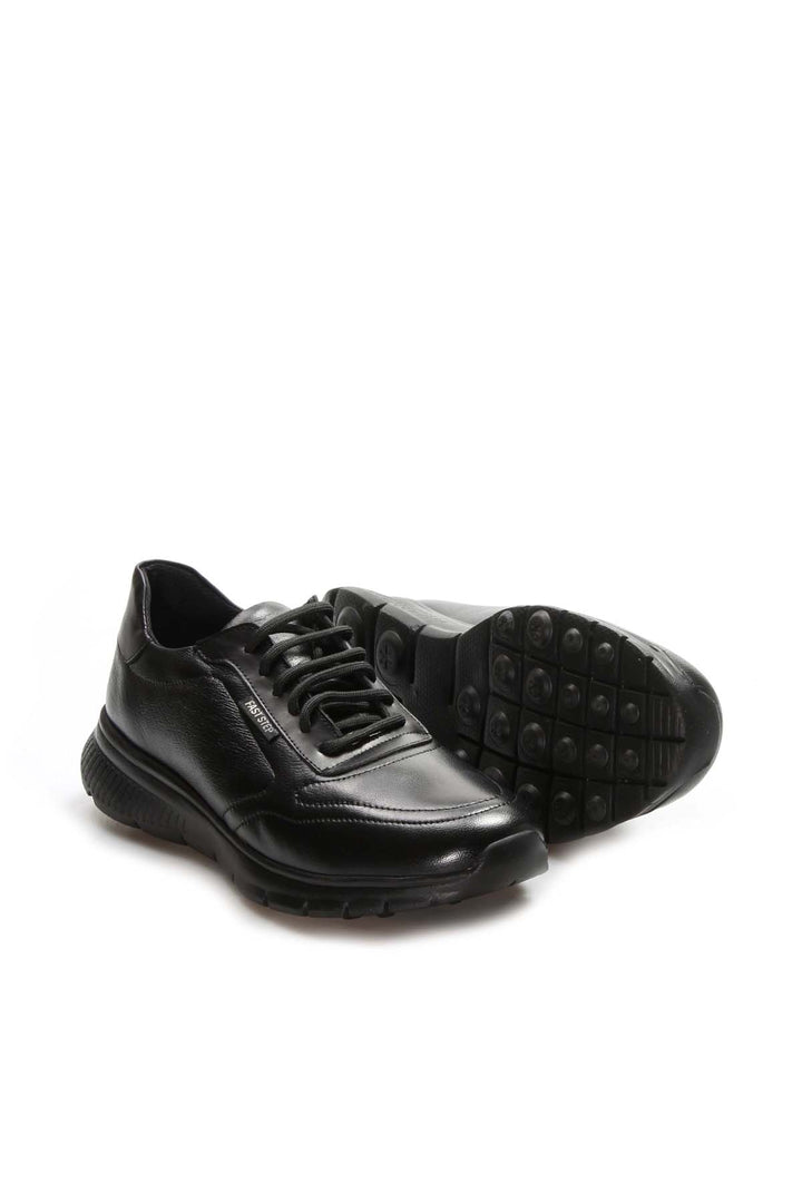 Men's Black Leather Lace-Up Sneakers with Textured Sole  - Wessi