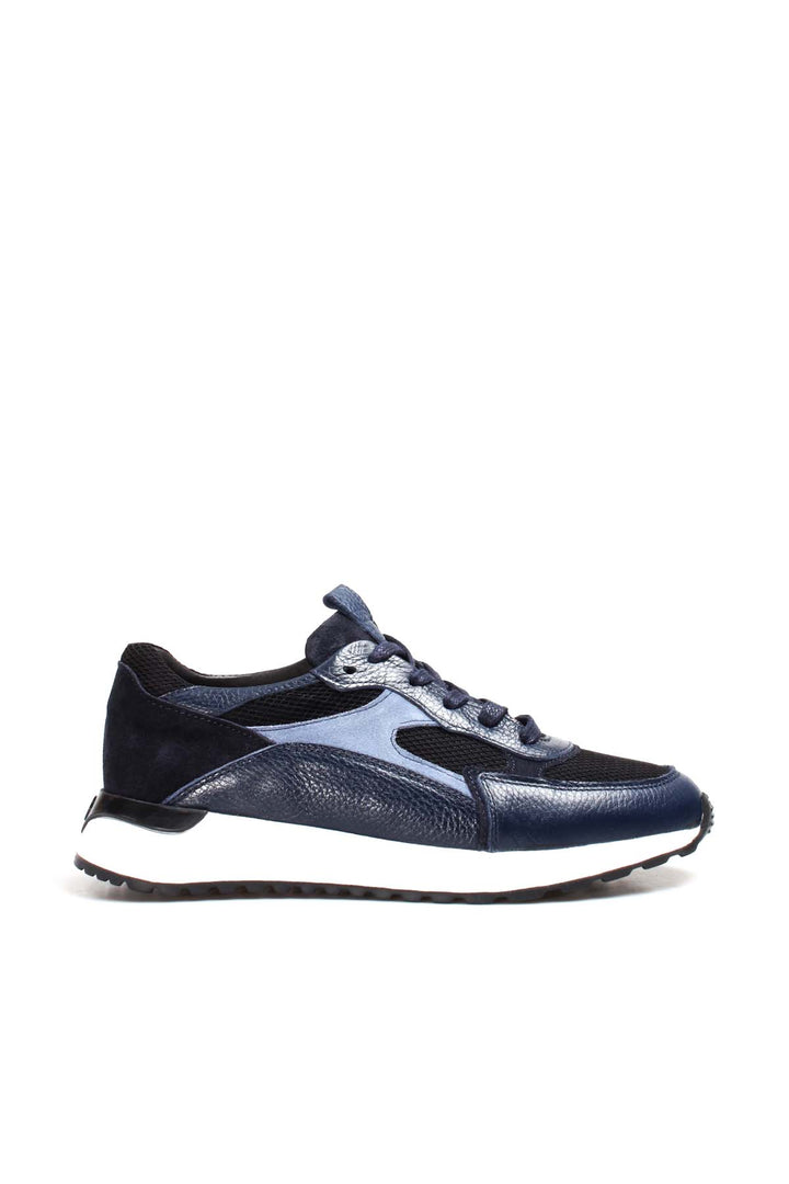 Men's Navy Blue Mesh and Leather Lace-Up Sneakers with White Sole - Wessi