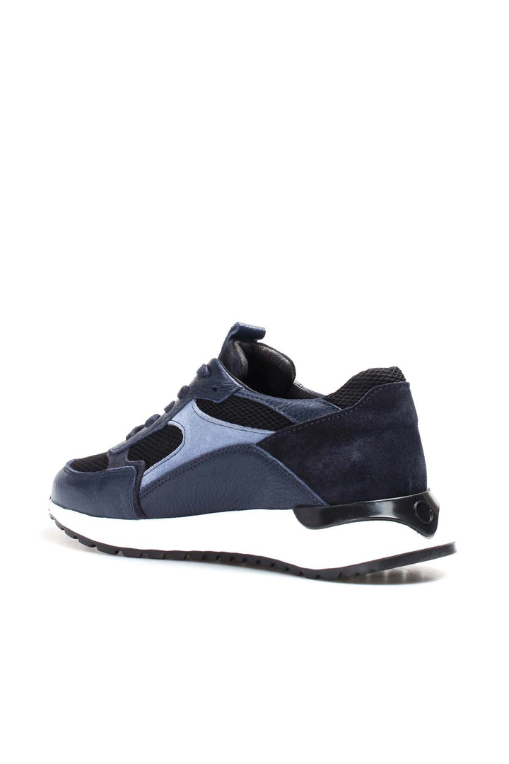 Men's Navy Blue Mesh and Leather Lace-Up Sneakers with White Sole - Wessi