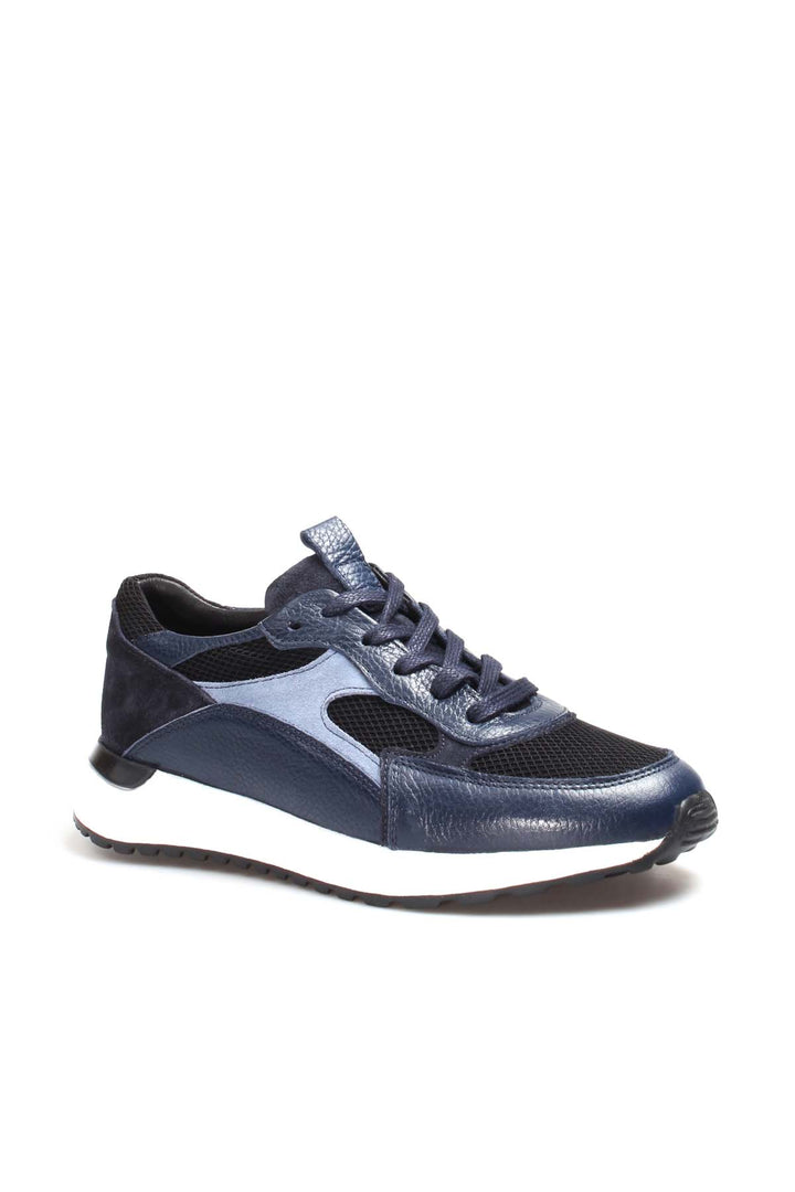 Men's Navy Blue Mesh and Leather Lace-Up Sneakers with White Sole - Wessi