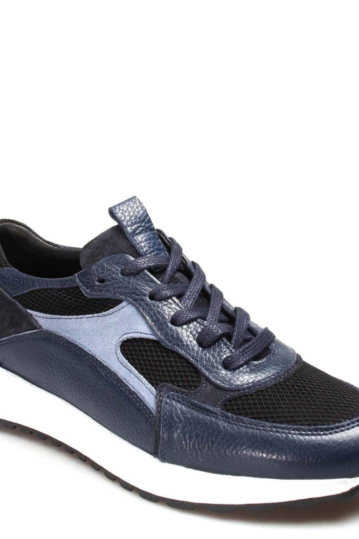 Men's Navy Blue Mesh and Leather Lace-Up Sneakers with White Sole - Wessi