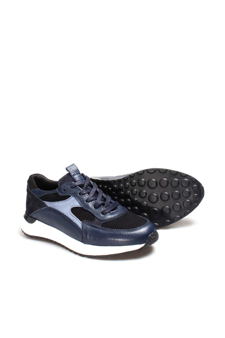Men's Navy Blue Mesh and Leather Lace-Up Sneakers with White Sole - Wessi