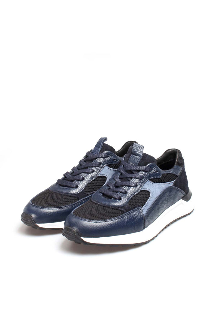 Men's Navy Blue Mesh and Leather Lace-Up Sneakers with White Sole - Wessi