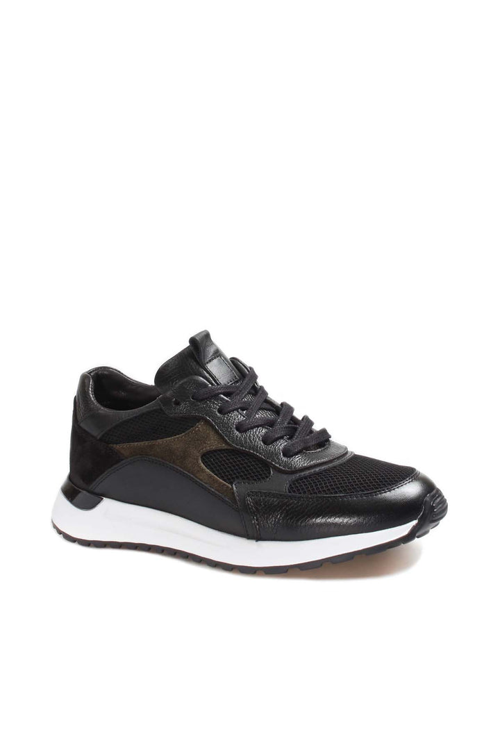 Men's Black Leather Sneakers with Mesh Panels and White Sole - Wessi