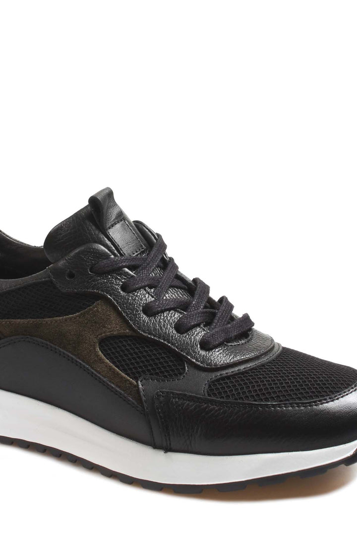 Men's Black Leather Sneakers with Mesh Panels and White Sole - Wessi