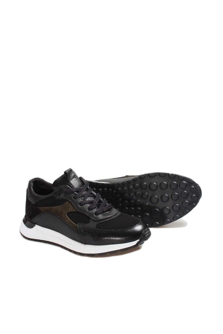 Men's Black Leather Sneakers with Mesh Panels and White Sole - Wessi