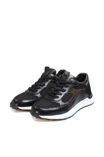 حذاء رياضي من الجلد الأسود للرجال مع ألواح شبكية ونعل أبيض - Wessi