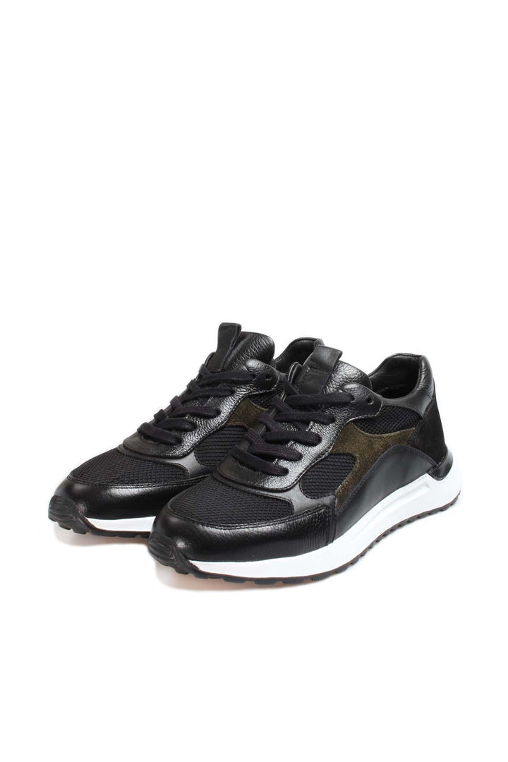 Men's Black Leather Sneakers with Mesh Panels and White Sole - Wessi