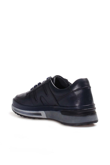 Men's Navy Blue Leather Running Shoes-Wessi