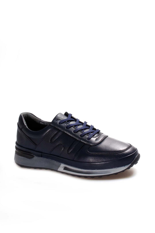 Men's Navy Blue Leather Running Shoes-Wessi