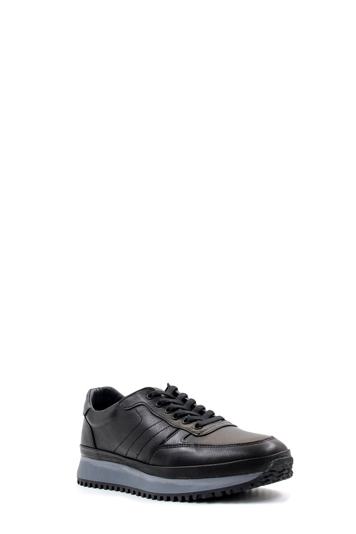 Men's Black Leather Lace-Up Sneakers with Contrasting Sole - Wessi