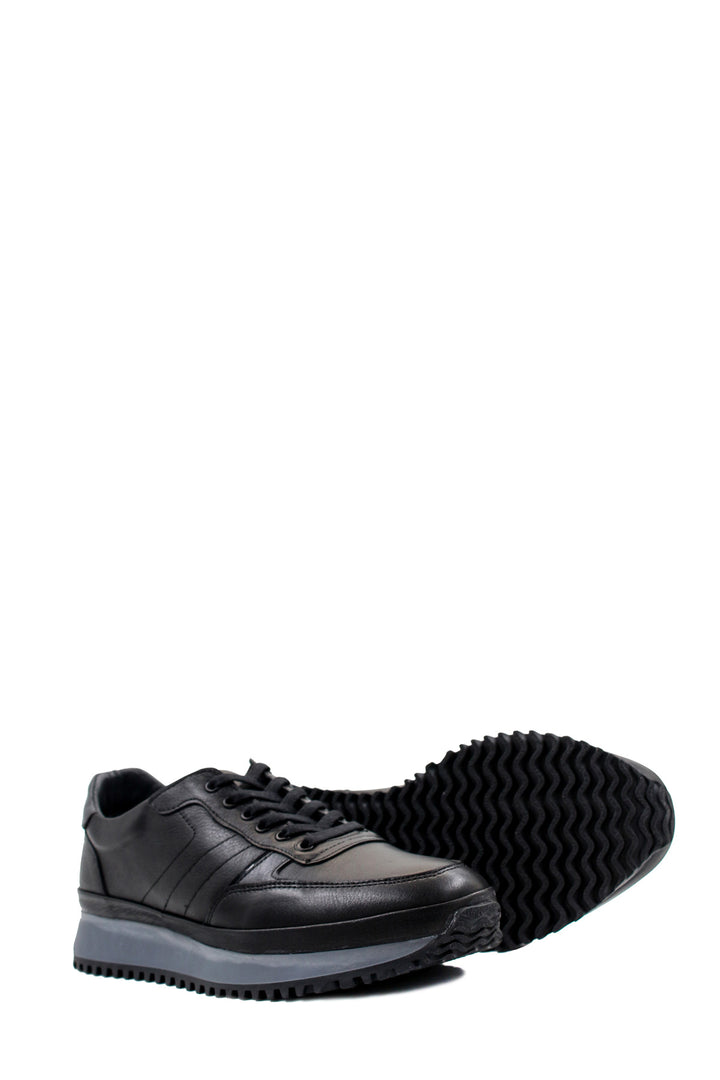 Men's Black Leather Lace-Up Sneakers with Contrasting Sole - Wessi